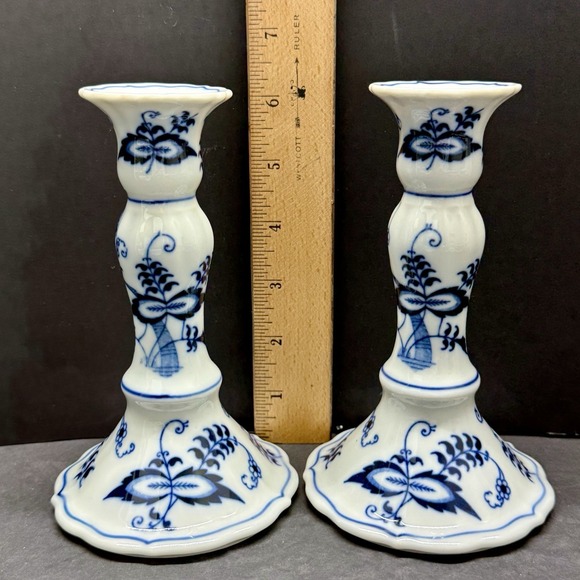 Blue Danube Onion Candlesticks Rectangle Back Stamp 6 1/4" Tall Japan EUC - Picture 2 of 4